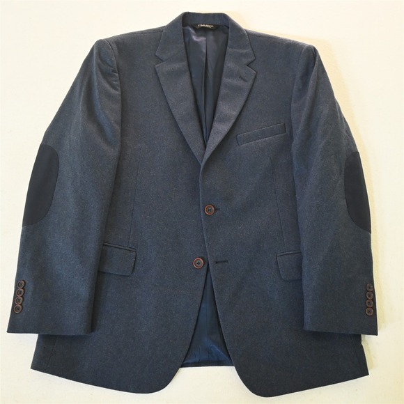 Jos. A Bank 44R Blue Flannel 100% Wool Elbow Patch Blazer Suit Jacket Sport Coat